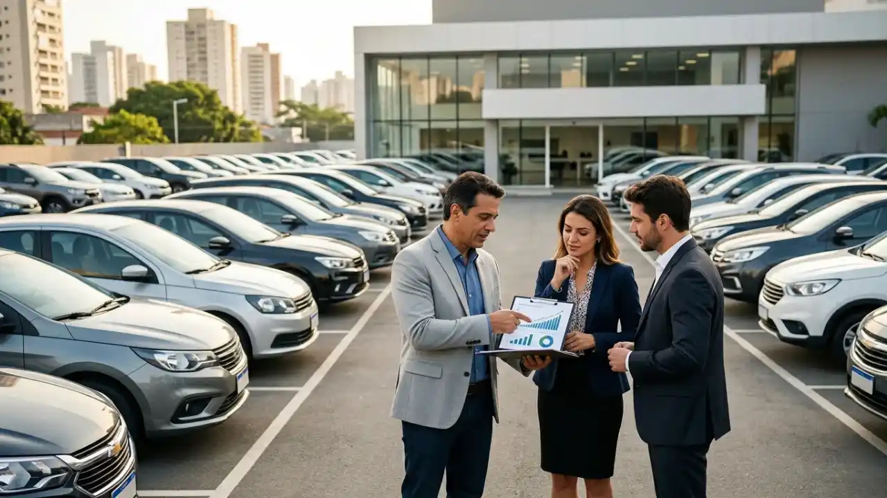 rês profissionais de negócios — dois homens e uma mulher — conversando em um pátio de locadora com dezenas de carros alinhados. O homem ao centro, vestindo um paletó cinza, aponta para um gráfico de crescimento em uma prancheta enquanto explica dados para o casal de investidores. Ao fundo, a fachada de vidro de uma concessionária moderna e edifícios urbanos sob a luz do pôr do sol.