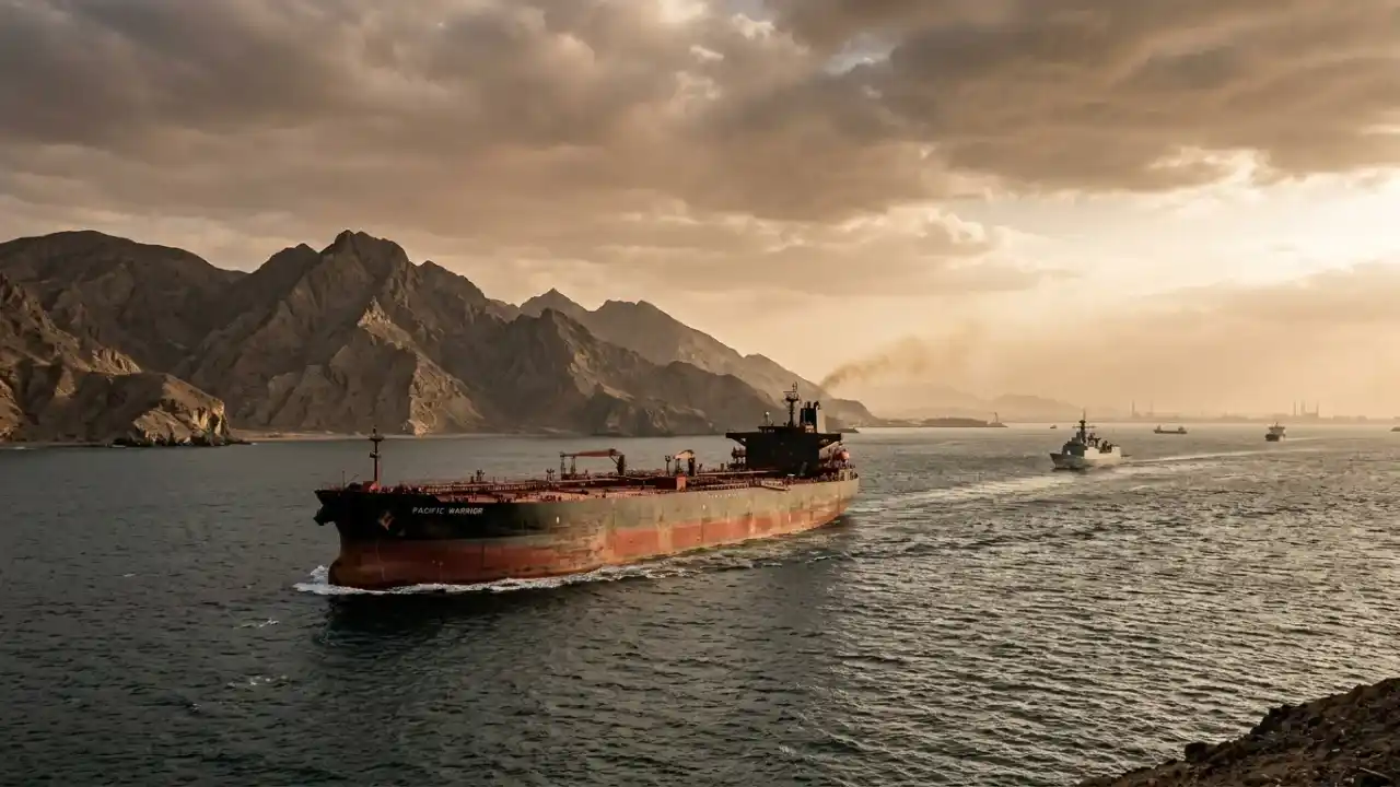 Navio petroleiro "Pacific Warrior" navegando em um canal estreito cercado por montanhas áridas sob um céu nublado ao entardecer. Ao fundo, uma fragata militar acompanha a embarcação, simbolizando a segurança no Estreito de Ormuz.