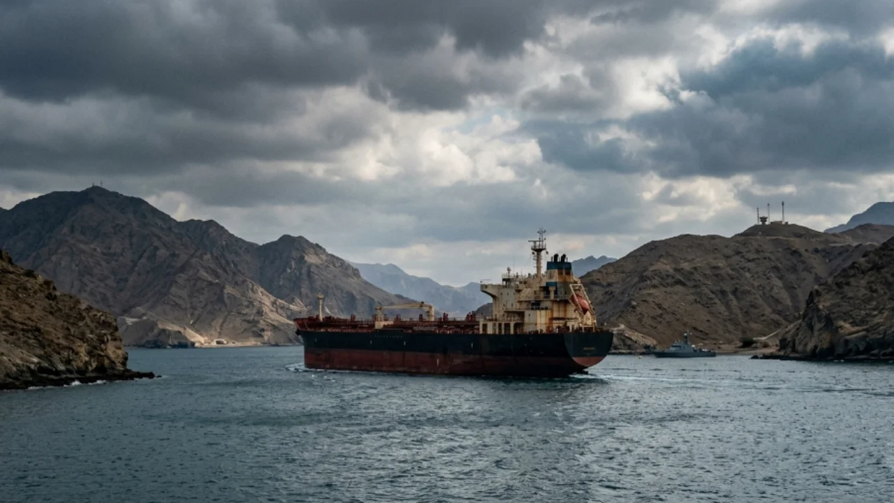 Grande navio petroleiro de casco preto e detalhes em vermelho navegando por um canal estreito cercado por montanhas áridas e rochosas. Ao fundo, uma pequena embarcação militar de patrulha é visível. O céu está nublado com tons de cinza e azul, criando uma atmosfera dramática e de vigilância.
