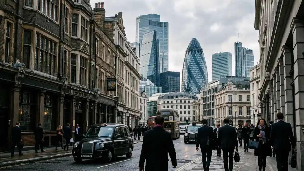 Vista urbana de ângulo contrapicado do distrito financeiro de Londres sob um céu azul claro. No centro, o icônico arranha-céu moderno "The Gherkin" se destaca ao lado de edifícios corporativos contemporâneos de vidro e aço e a arquitetura clássica de um prédio histórico de pedra com colunas à esquerda.
