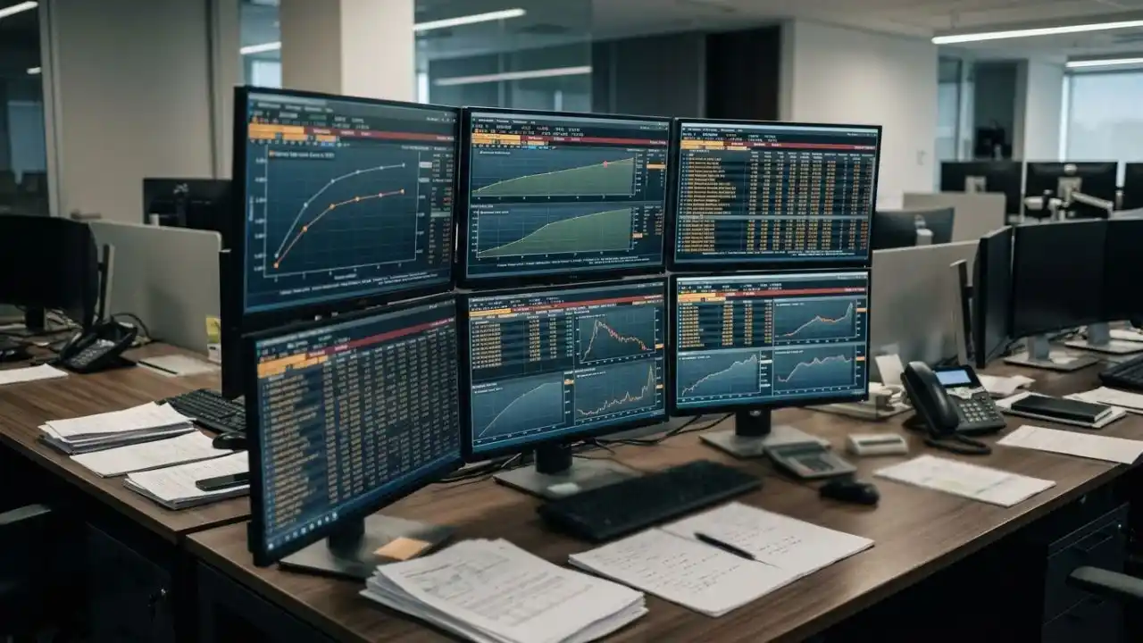 Close-up de uma calculadora financeira preta sobre papéis com relatórios e planilhas de investimentos. Ao lado, um smartphone exibe um gráfico de barras coloridas indicando rendimentos crescentes acima da inflação. O fundo mostra o teclado de um notebook e um ambiente de escritório corporativo com iluminação sutil e moderna.