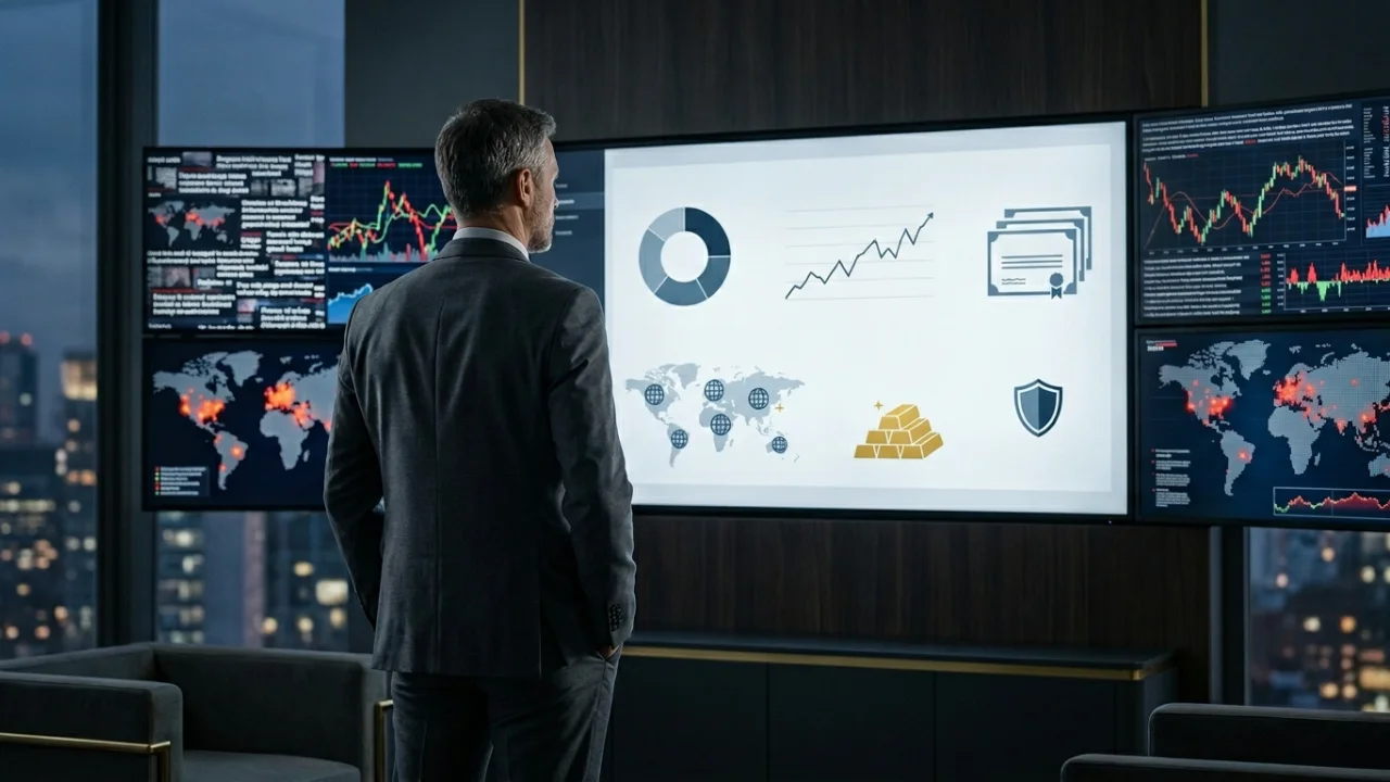Homem de costas, vestindo terno cinza, em um escritório de alto padrão à noite, observando um grande videowall. A tela central exibe infográficos de um gráfico de pizza, gráfico de linhas, mapa múndi com pontos de conexão, barras de ouro e um ícone de escudo azul. Monitores laterais mostram gráficos de velas (candlesticks) e mapas de calor globais.