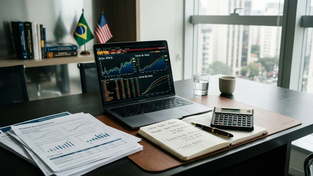 Mesa de escritório com laptop aberto exibindo gráficos da "Curva de Juros" e "IPCA+ NTN-B". Ao lado, um caderno de anotações com as escritas "IPCA 4.6% - Alerta" e "Juros Futuros em Alta". No fundo, pequenas bandeiras do Brasil e dos Estados Unidos estão posicionadas sobre uma estante de livros, com uma vista urbana de prédios através da janela.