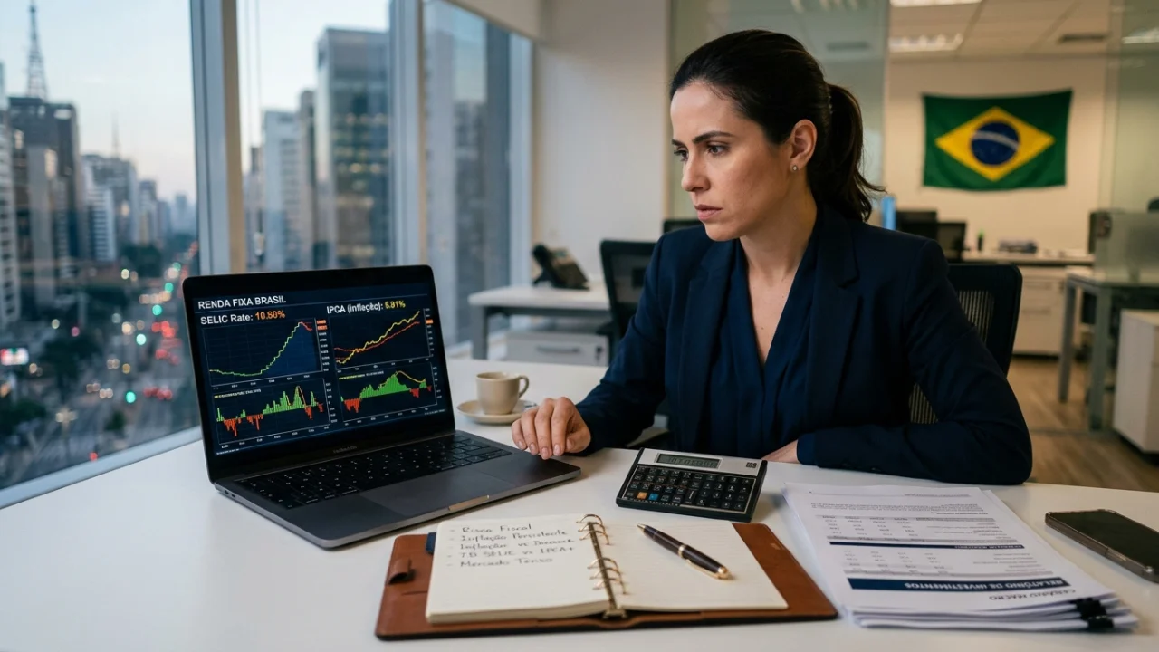 Uma economista de blazer azul sentada em um escritório moderno em frente a um notebook que exibe o dashboard "RENDA FIXA BRASIL" com gráficos da Taxa Selic e inflação (IPCA). Sobre a mesa branca, há uma calculadora financeira, uma agenda aberta com anotações sobre "Risco Fiscal", e relatórios de investimentos. Ao fundo, uma grande janela revela o skyline de São Paulo e a bandeira do Brasil.