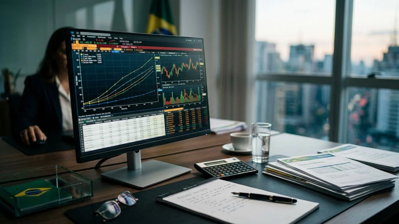 Monitor de computador Dell em destaque em uma mesa de escritório exibindo gráficos financeiros com múltiplas linhas coloridas ascendentes de curvas de juros e tabelas de taxas de rendimento. Em primeiro plano, uma prancheta com papel de anotações, uma caneta-tinteiro de luxo, óculos de grau, uma calculadora de mesa e relatórios impressos. Ao fundo, uma profissional trabalha em sua estação e uma janela exibe a vista de prédios corporativos de São Paulo ao entardecer.
