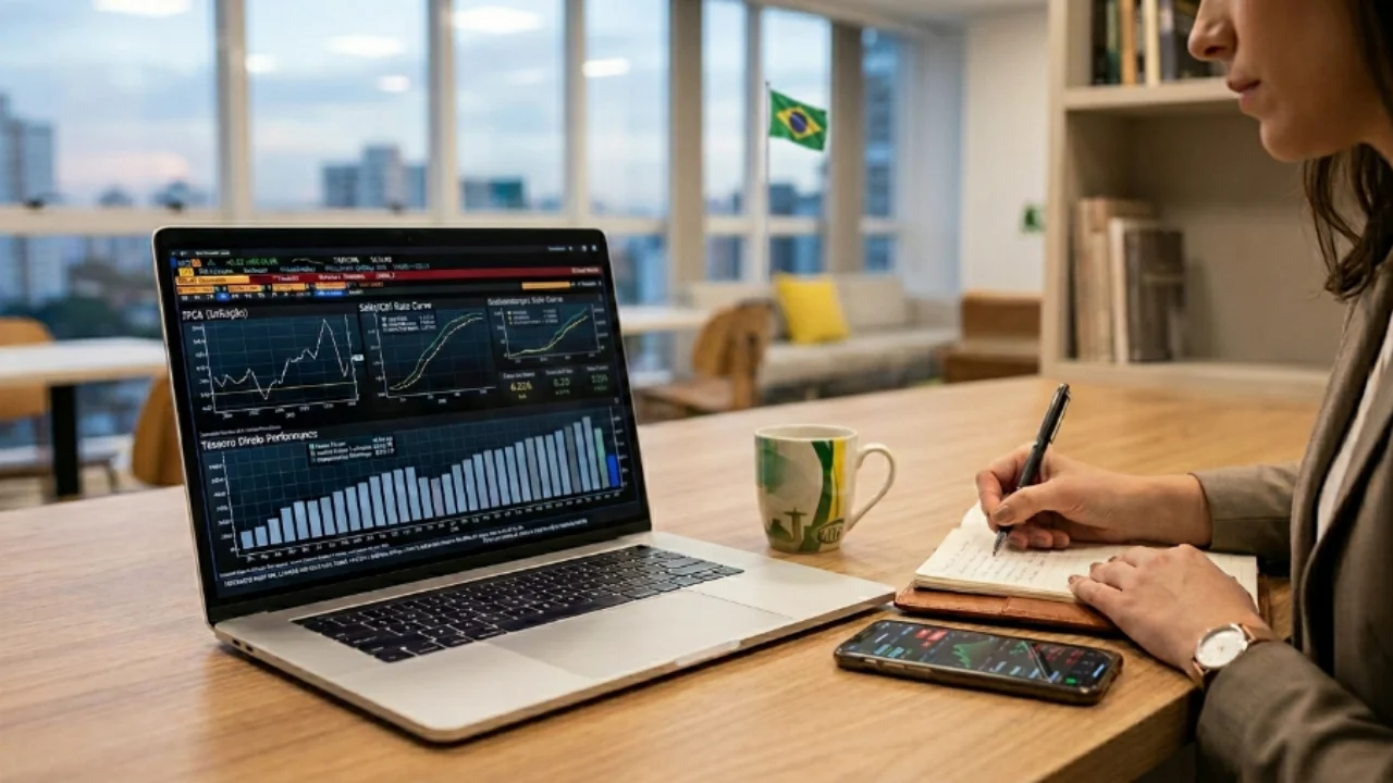 Investidor acompanha gráfico de renda fixa e Tesouro Direto com destaque para o Tesouro IPCA+ 2032. A cena mostra um notebook com gráficos de linhas coloridas, uma calculadora financeira e um smartphone exibindo dados de inflação (IPCA), em um escritório moderno com iluminação natural.