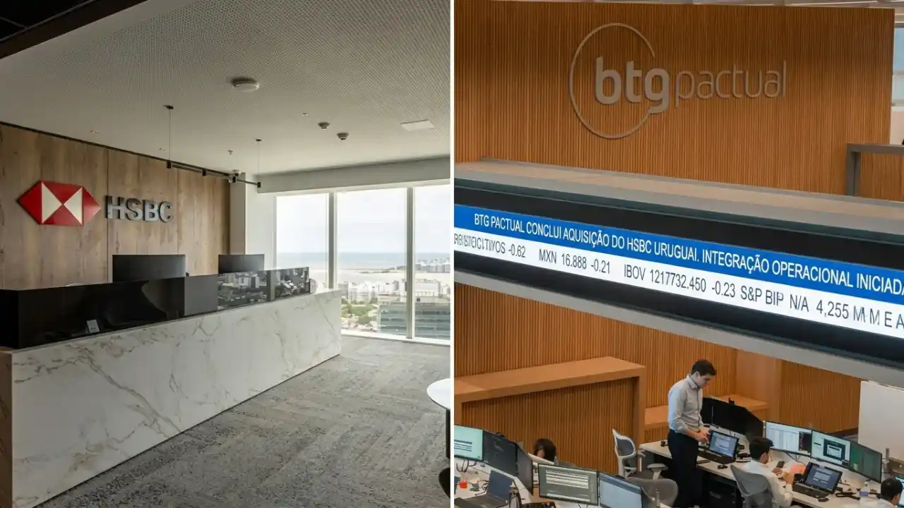 Imagem composta dividida verticalmente em duas partes iguais. Do lado esquerdo, vê-se a recepção de um escritório corporativo moderno com piso cinza e um balcão longo de mármore branco com veios cinzas; ao fundo, uma parede revestida de madeira exibe o logotipo vermelho e branco e o letreiro preto do HSBC, ao lado de uma grande janela de vidro com vista panorâmica para uma praia e o mar. Do lado direito, mostra-se o ambiente interno de um escritório do BTG Pactual, com profissionais trabalhando em computadores; acima deles, há um grande letreiro digital azul brilhante exibindo o texto em caixa alta "BTG PACTUAL CONCLUI AQUISIÇÃO DO HSBC URUGUAI. INTEGRAÇÃO OPERACIONAL INICIADA", coroado pelo logotipo do BTG Pactual fixado em uma parede de painéis de madeira.