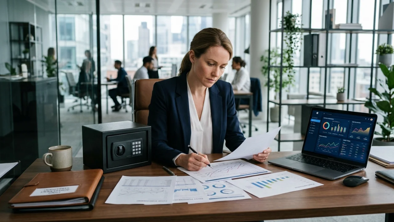 Fotografia em plano médio de uma profissional de finanças focada, sentada à sua mesa de madeira em um escritório corporativo moderno. Ela analisa um relatório impresso com gráficos de linha enquanto escreve com uma caneta. Sobre a mesa, destacam-se um cofre digital preto compacto com teclado numérico à esquerda, um notebook aberto à direita exibindo um dashboard financeiro com gráficos de pizza e linhas coloridas, e relatórios com dados analíticos espalhados. Ao fundo, através de divisórias de vidro, observa-se um escritório amplo e iluminado com outros profissionais trabalhando e grandes janelas com vista para o horizonte de uma metrópole.
