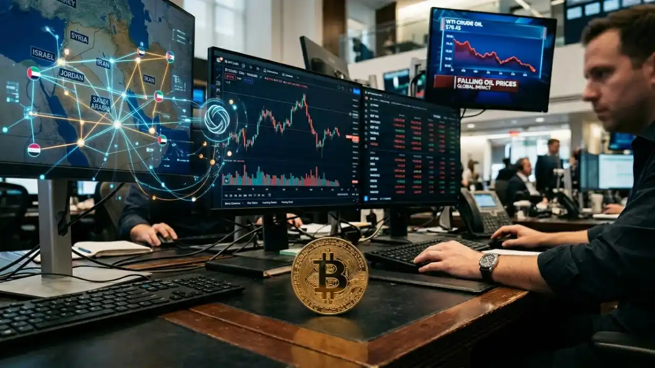 Fotografia em plano médio de uma mesa de operações financeiras de alta performance. Em primeiro plano, uma moeda física dourada do Bitcoin está posicionada em pé sobre a bancada de madeira escura. Atrás dela, há três monitores: o da esquerda exibe um mapa digital brilhante do Oriente Médio (com países como Israel, Irã, Jordânia e Arábia Saudita conectados por linhas luminosas); o do centro mostra um gráfico de velas (candlesticks) de trading em tons de vermelho e verde; o da direita, ligeiramente suspenso, mostra um gráfico de linha descendente com o título "WTI CRUDE OIL" e a frase "FALLING OIL PRICES". No canto direito, um operador focado trabalha utilizando teclado e mouse, vestindo camisa escura e relógio de pulso prateado.