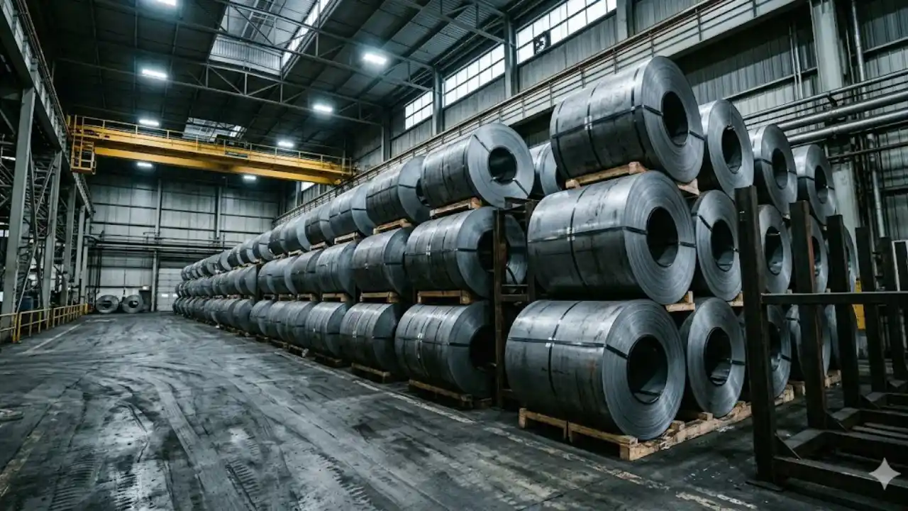Fotografia em plano aberto do interior de um amplo galpão industrial de uma siderúrgica. À direita, destacam-se grandes pilhas organizadas de massivas bobinas de aço cilíndricas e escuras, amarradas e dispostas horizontalmente sobre suportes de madeira em várias fileiras. À esquerda, há um corredor livre de circulação com piso de concreto cinza escuro marcado por pegadas e desgaste operacional. No topo, a estrutura de vigas metálicas do teto conta com fileiras de refletores acesos, janelas retangulares e uma grande ponte rolante amarela na lateral esquerda.