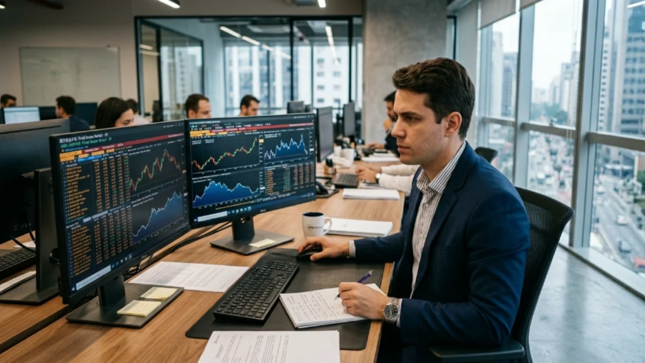 Homem de óculos e camisa social azul-escura operando computadores em um escritório financeiro moderno. Ele está sentado diante de três monitores. A tela central exibe um painel escuro com o título "TESOURO DIRETO BRASIL - HOJE" e dois gráficos de linhas ascendentes: o esquerdo indica "TESOURO PREFIXADO 2029" com taxa de 14,91% p.a., e o direito indica "TESOURO IPCA+ 2032" com taxa de IPCA + 8,56% p.a. Sobre a mesa branca, há um bloco de notas, uma caneta, uma pequena bandeira do Brasil e uma caneca com o logotipo da B3. Ao fundo, uma grande janela mostra prédios e uma avenida ao entardecer.