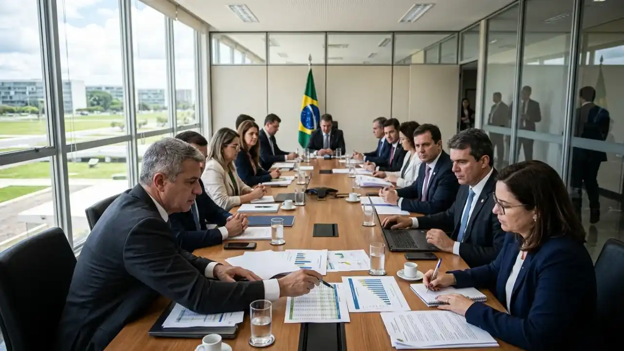 Fotografia em ângulo médio de uma reunião oficial de governo ao redor de uma longa mesa de conferência de madeira. Homens e mulheres em trajes formais e ternos ouvem atentamente. No primeiro plano à esquerda, um homem aponta para um relatório impresso com gráficos de barras coloridos; à direita, uma mulher de blazer azul faz anotações em um caderno. Ao fundo, no centro, a bandeira do Brasil está hasteada verticalmente. Grandes janelas de vidro ao longo do lado esquerdo revelam os edifícios e gramados característicos da Esplanada dos Ministérios em Brasília em um dia nublado.
