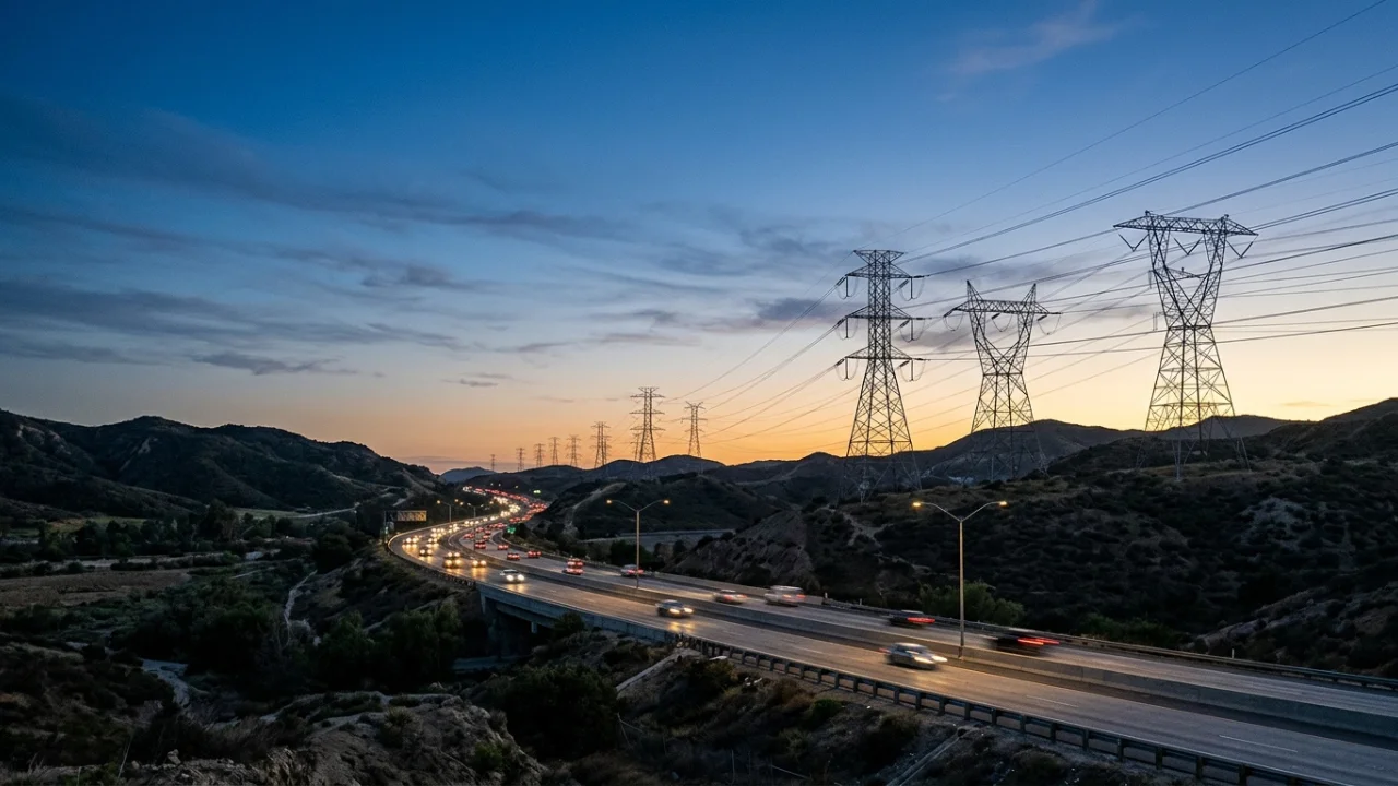 Fotografia em plano aberto de uma rodovia movimentada de várias faixas serpenteando por colinas ao entardecer, com carros deixando leves rastros de faróis acesos na pista. À direita, grandes torres de transmissão de energia elétrica erguem-se imponentes sobre o relevo acidentado, sob um céu degradê que transiciona do azul-escuro para o laranja vibrante no horizonte do pôr do sol.