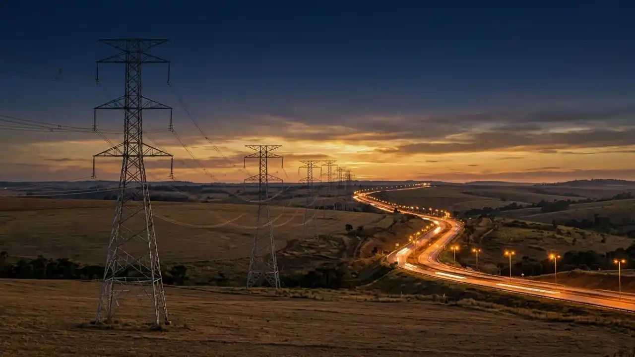 Fotografia panorâmica em plano médio de infraestrutura crítica ao entardecer sob um céu com degradê de laranja e azul-escuro. À esquerda, grandes torres de transmissão de energia elétrica com fiação se estendem sobre campos secos e colinas. À direita, uma rodovia sinuosa de múltiplas faixas com rastros de luz de carros em movimento recua para a distância, iluminada por postes de luz e emoldurada por uma cerca de madeira.