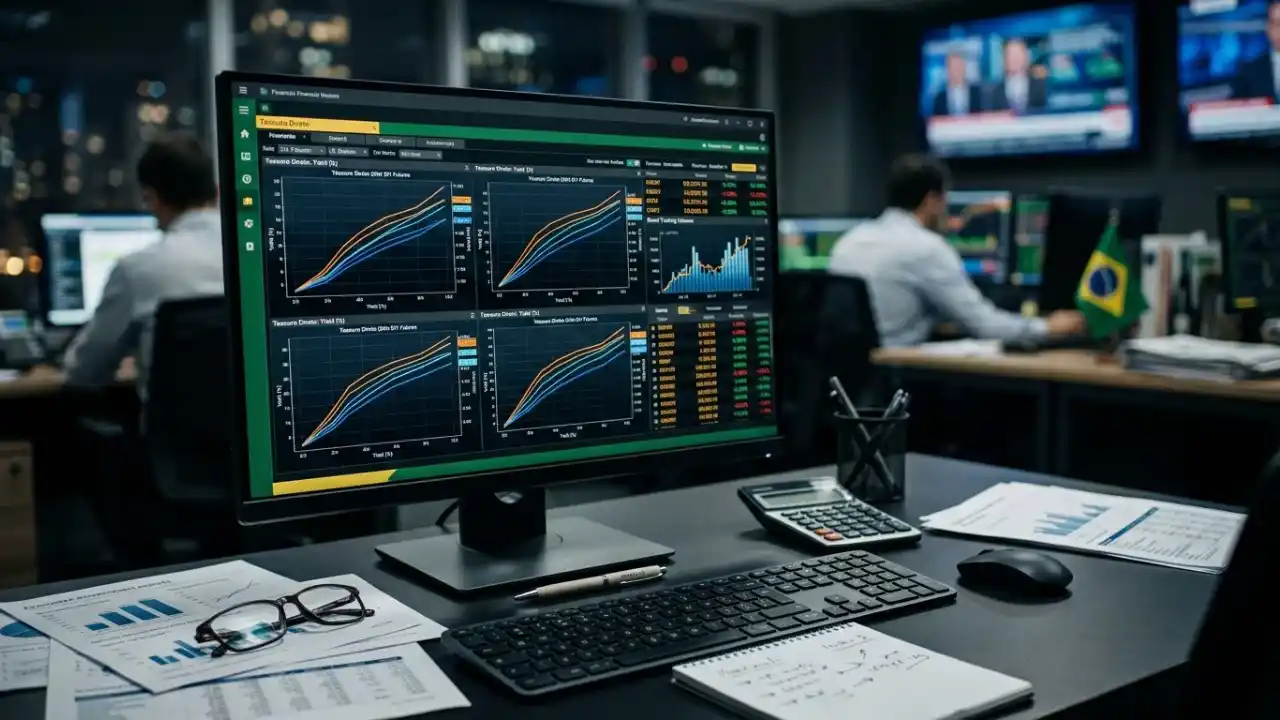 Fotografia em plano médio com foco em uma mesa de operações financeiras escura. No centro, um grande monitor exibe uma plataforma de trading com quatro gráficos de curva de juros (yield curves) ascendentes, compostos por linhas coloridas sobre fundo escuro. Sobre a mesa, em primeiro plano, há um par de óculos de armação preta repousando sobre relatórios impressos com gráficos de barras azuis, um teclado numérico preto, uma calculadora eletrônica, uma caneta prateada e um bloco de notas com anotações manuais. Ao fundo, fora de foco, dois analistas trabalham em suas estações de computador em um escritório de investimentos iluminado por telas e televisores corporativos; uma pequena bandeira do Brasil decora uma das mesas secundárias.