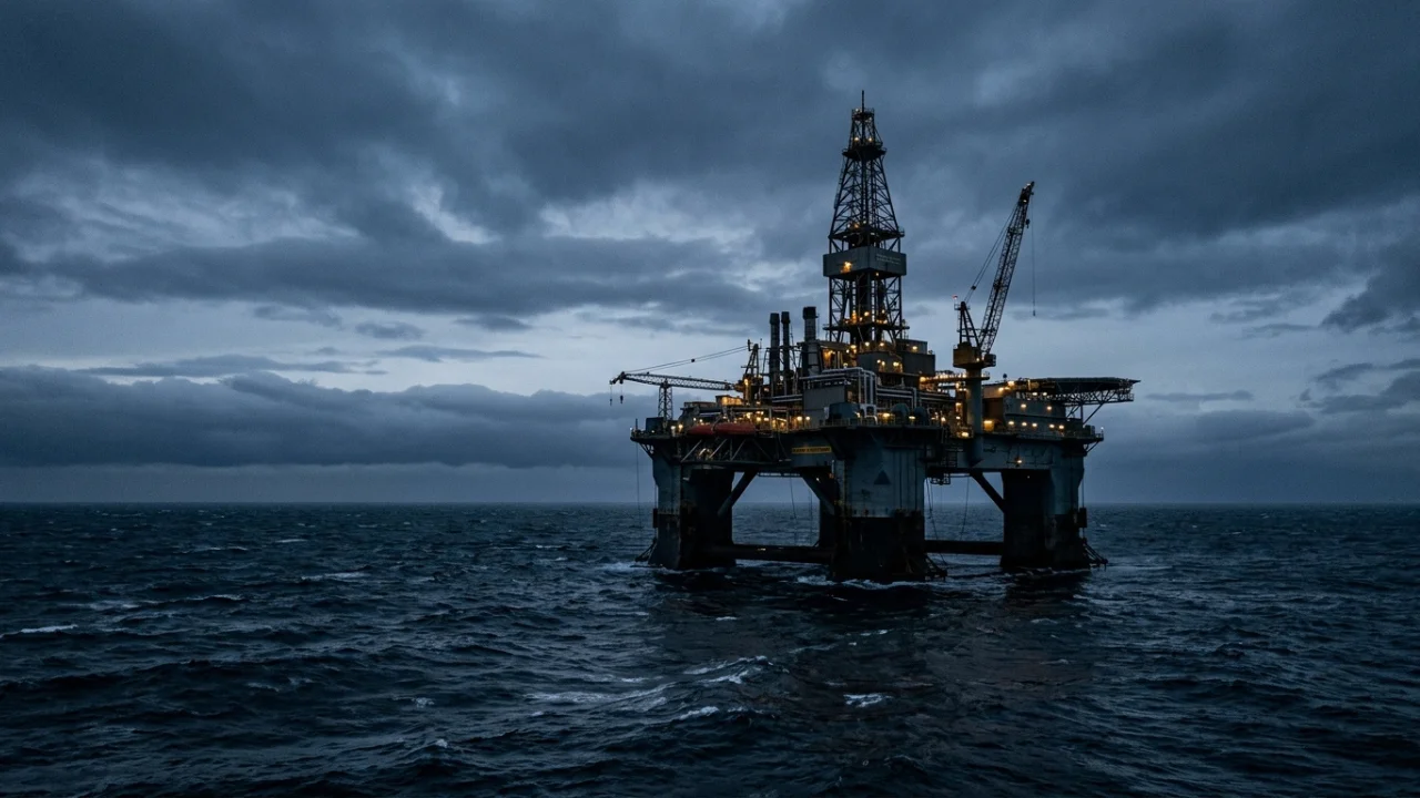 Fotografia em plano geral de uma grande plataforma de petróleo semissubmersível isolada no meio de um oceano de águas escuras, densas e agitadas. A estrutura industrial de metal exibe uma imponente torre de perfuração central, guindastes e pavimentos com luzes amareladas operacionais acesas. O horizonte e o céu estão completamente tomados por nuvens carregadas, pesadas e escuras de tempestade, criando um ambiente cinzento, sombrio e de clima instável sobre o mar.