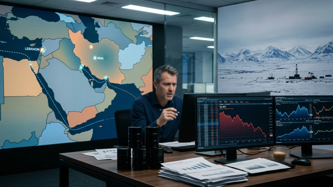 Homem de meia-idade com cabelo curto e grisalho, vestindo camisa social azul-escura, sentado em uma mesa de escritório corporativo de madeira. Ele segura uma caneta e olha concentrado para dois monitores de computador à sua frente. O monitor central exibe um painel financeiro com um gráfico de linha vermelha em forte declínio sob o título "OIL WTI". Sobre a mesa, há pilhas de relatórios impressos com gráficos de barras, uma xícara de café e uma pirâmide feita com seis miniaturas pretas de barris de petróleo. Ao fundo, uma parede de telas exibe à esquerda um mapa geopolítico do Oriente Médio destacando em letreiros luminosos as regiões de "LEBANON" e "IRAN", e à direita uma paisagem ártica e nevada do Alasca com montanhas e uma torre de extração de petróleo ativa.