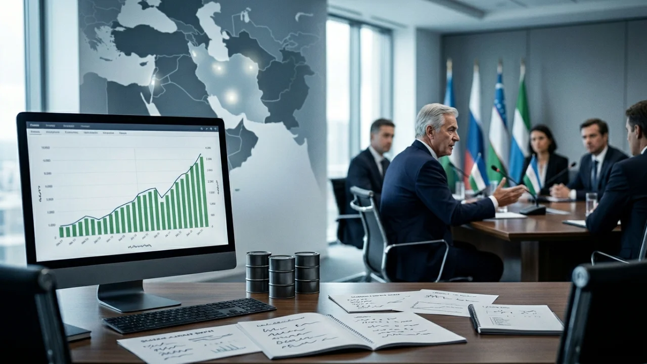 Vista em ângulo médio a partir de uma mesa de escritório em primeiro plano. Na mesa, há um monitor de computador à esquerda exibindo um gráfico de barras verticais verdes com tendência de forte alta, três miniaturas de barris de petróleo de metal cinza empilhadas e cadernos abertos com anotações e esboços manuais. Ao fundo, em uma sala de reuniões corporativa e diplomática, um homem de cabelos grisalhos vestindo terno escuro gesticula enquanto fala para um grupo de executivos assentados ao redor de uma grande mesa de madeira. Na parede cinza ao fundo, um mapa digital do Oriente Médio exibe pontos luminosos acesos sobre as regiões do Irã e de Israel, ladeado por diversas bandeiras internacionais hasteadas verticalmente.