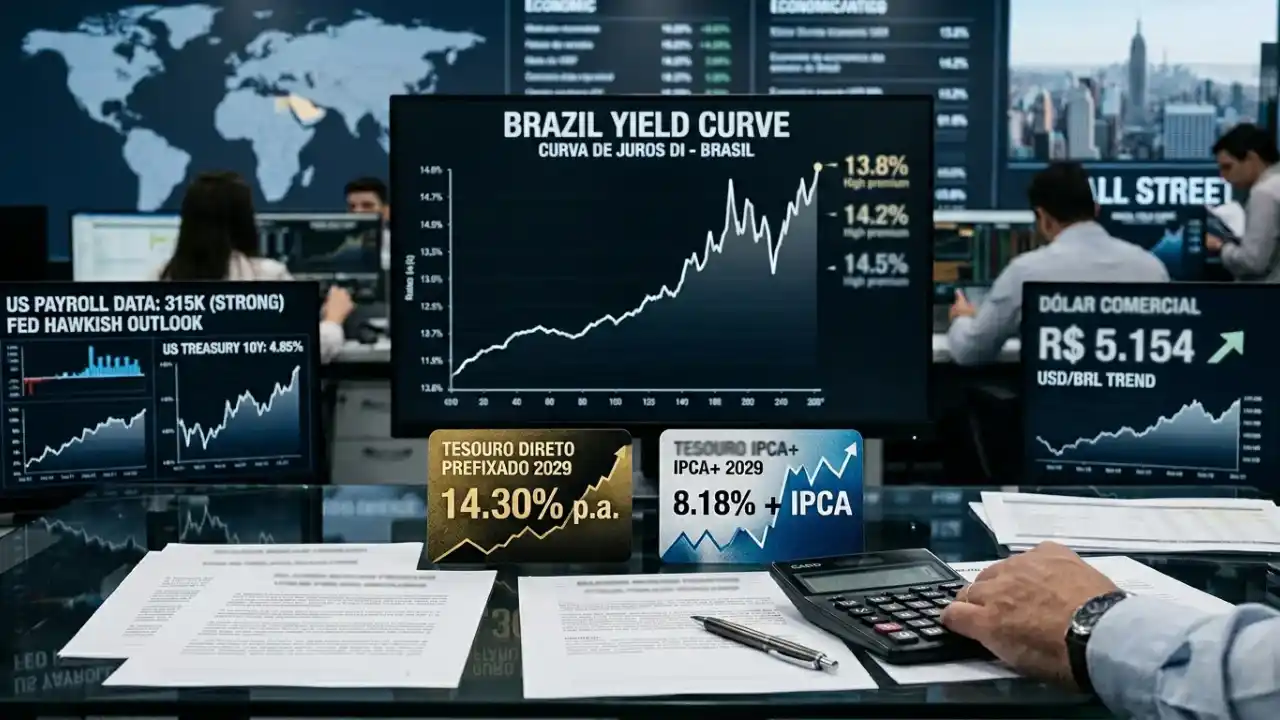 Em primeiro plano, uma mesa de vidro escuro exibe relatórios financeiros impressos, uma caneta metálica e uma calculadora digital operada por uma mão masculina com relógio de pulso. Sobre a mesa, destacam-se duas placas informativas de rendimento imitando títulos públicos: uma dourada indicando "TESOURO DIRETO PREFIXADO 2029 14.30% p.a." e uma azul indicando "TESOURO IPCA+ IPCA+ 2029 8.18% + IPCA". No plano médio, uma grande tela central exibe o título "BRAZIL YIELD CURVE - CURVA DE JUROS DI - BRASIL" com um gráfico de linha ascendente e marcações de 14.2% e 14.5%. À esquerda, um monitor mostra "US PAYROLL DATA: 315K (STRONG) / FED HAWKISH OUTLOOK" com um gráfico secundário da "US TREASURY 10Y: 4.85%". À direita, outra tela indica "DÓLAR COMERCIAL R$ 5.154" com uma seta verde para cima. Analistas trabalham desfocados ao fundo da sala de operações.