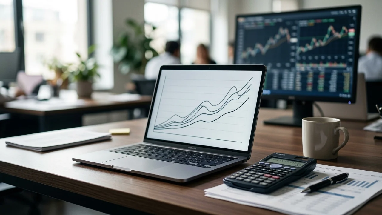 Fotografia em plano médio de uma mesa de madeira escura em um escritório de investimentos. No centro, destaca-se um notebook aberto exibindo um gráfico de linhas pretas ascendentes em uma tela branca. À direita do notebook, há uma calculadora eletrônica preta sobre folhas de relatórios financeiros impressos com gráficos de barras, uma caneta preta e uma caneca de cerâmica bege. Ao fundo, ligeiramente fora de foco, um monitor de computador exibe gráficos de velas de mercado financeiro e profissionais trabalham no escritório iluminado.
