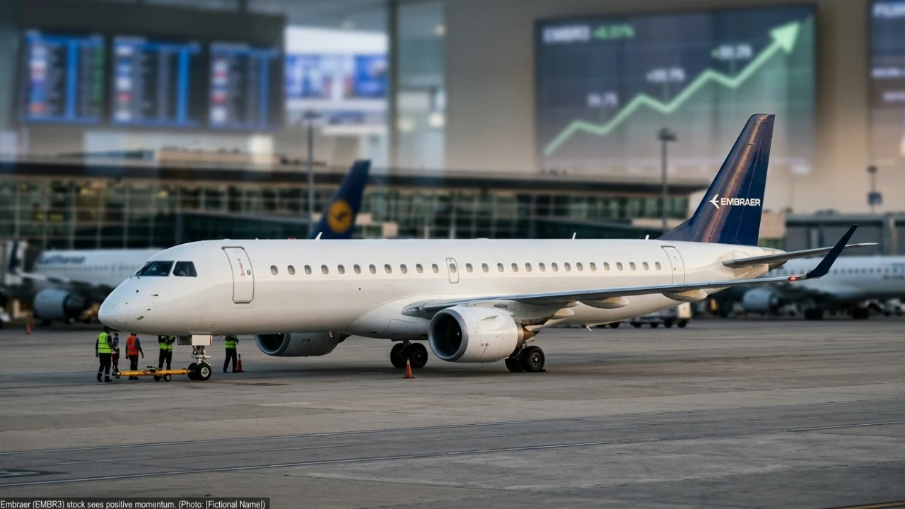 Fotografia de plano inteiro em perspectiva lateral de uma aeronave comercial branca de fuselagem estreita da Embraer estacionada na pista de concreto de um aeroporto. O estabilizador vertical azul exibe o logotipo da companhia aérea de forma nítida. Em primeiro plano, no canto esquerdo, três operadores de solo vestindo coletes refletivos de segurança trabalham próximos ao trem de pouso dianteiro. Ao fundo, através dos vidros espelhados do terminal, vislumbra-se um grande monitor digital corporativo exibindo um gráfico financeiro com linhas ascendentes verdes brilhantes e indicadores de forte valorização de mercado. A luz suave de fim de tarde ilumina uniformemente a cena.