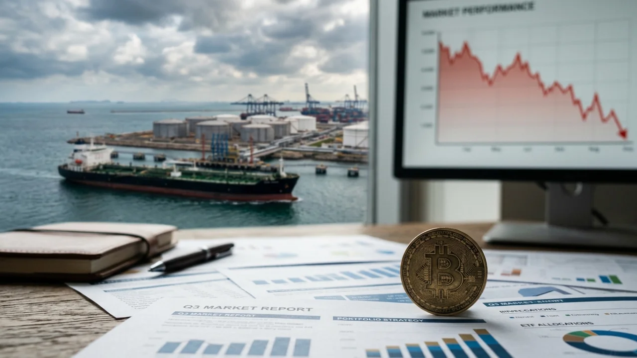 Fotografia em plano detalhado de uma moeda dourada de Bitcoin apoiada sobre relatórios financeiros impressos com as inscrições "Q3 MARKET REPORT", "PORTFOLIO STRATEGY" e gráficos de "ETF ALLOCATIONS" em uma mesa de madeira. À direita, um monitor de computador exibe um gráfico de linha vermelha em forte trajetória descendente sob o título "MARKET PERFORMANCE". Ao fundo, através de uma ampla janela panorâmica, avista-se um porto industrial com um navio petroleiro atracado, tanques de armazenamento de combustível e guindastes sob céu nublado.