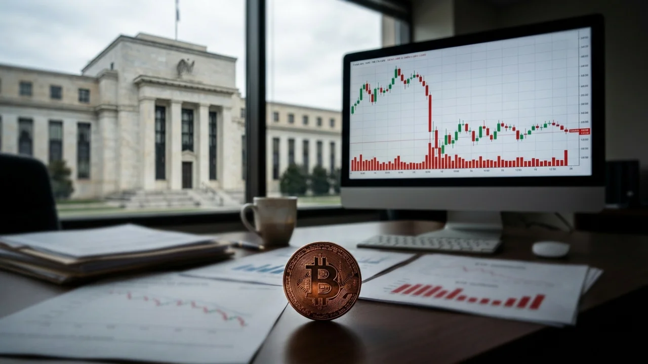 Fotografia em close-up de uma moeda física dourada e reluzente de Bitcoin equilibrada sobre uma mesa de escritório corporativo com relatórios financeiros impressos. Em segundo plano, à direita, um monitor de computador exibe um gráfico de análise técnica com velas vermelhas de queda acentuada. Através da janela panorâmica, à esquerda, avista-se a fachada neoclássica em pedra clara do prédio do Federal Reserve (Fed) sob céu nublado.