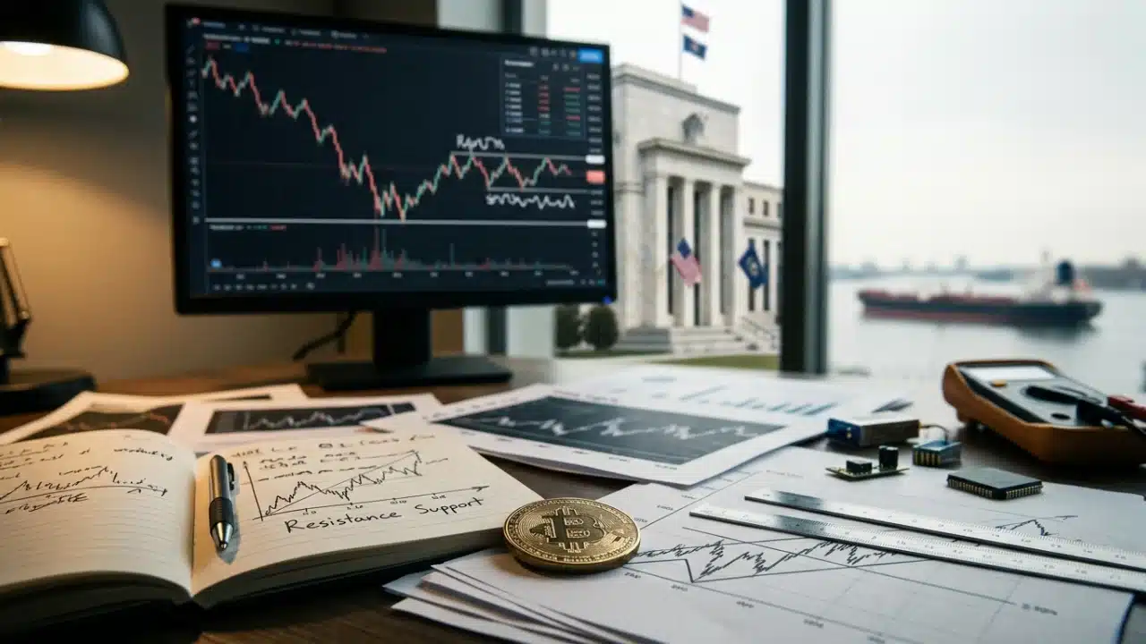Mesa de trabalho de análise financeira em primeiro plano contendo uma moeda física dourada de Bitcoin sobre relatórios com gráficos, caderno aberto com anotações escritas "Resistance Support", pequenos chips de semicondutores e monitor exibindo gráfico de barras de negociação. Ao fundo, através de uma grande janela de vidro, observa-se o edifício neoclássico do Federal Reserve com bandeiras dos EUA e um navio petroleiro navegando em uma via marítima.