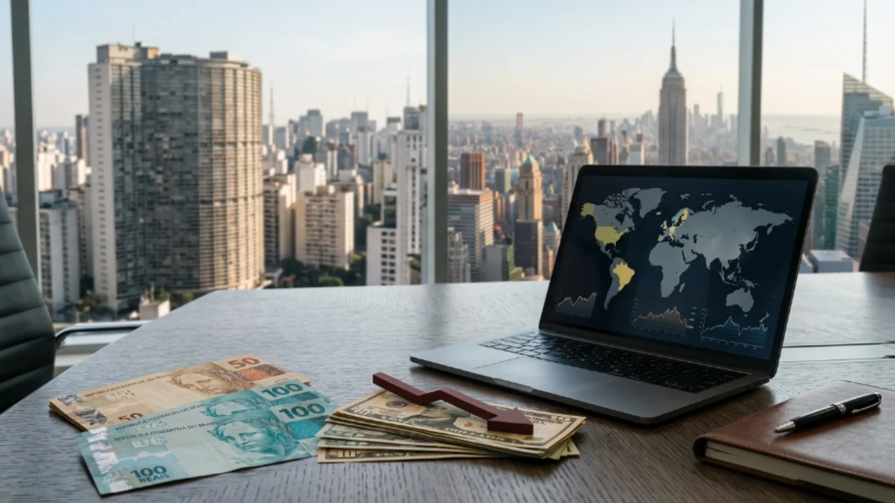 Fotografia em plano médio de uma mesa de escritório em madeira escura. À esquerda, destacam-se notas de Real brasileiro de cem e cinquenta reais; ao centro, há um maço de notas de Dólar americano com uma seta física vermelha apontada para baixo deitada sobre as cédulas. À direita, um notebook prata aberto exibe um mapa-múndi com países destacados em amarelo e pequenos gráficos de linhas financeiras. Ao lado do computador, repousam uma caderneta de couro marrom e uma caneta executiva. Ao fundo, uma imensa parede de vidro revela uma vista panorâmica de arranha-céus de uma grande metrópole sob iluminação diurna.