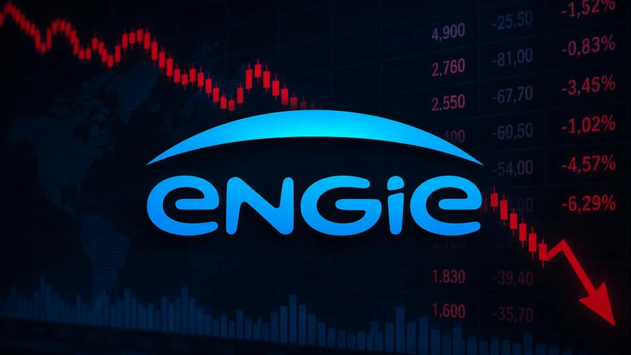 Logo da Engie em frente a um gráfico financeiro, em montadem de IA