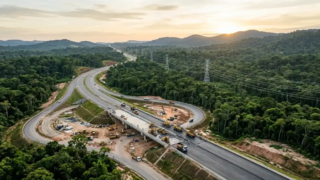 Fotografia aérea panorâmica ao entardecer de uma grande obra de infraestrutura rodoviária em meio a uma densa floresta tropical. No centro, observa-se a construção de um viaduto e a pavimentação de uma rodovia com caminhões, tratores e guindastes em atividade. Ao fundo, sob o sol poente no horizonte montanhoso, estendem-se torres de transmissão de energia elétrica de alta tensão em linha contínua.