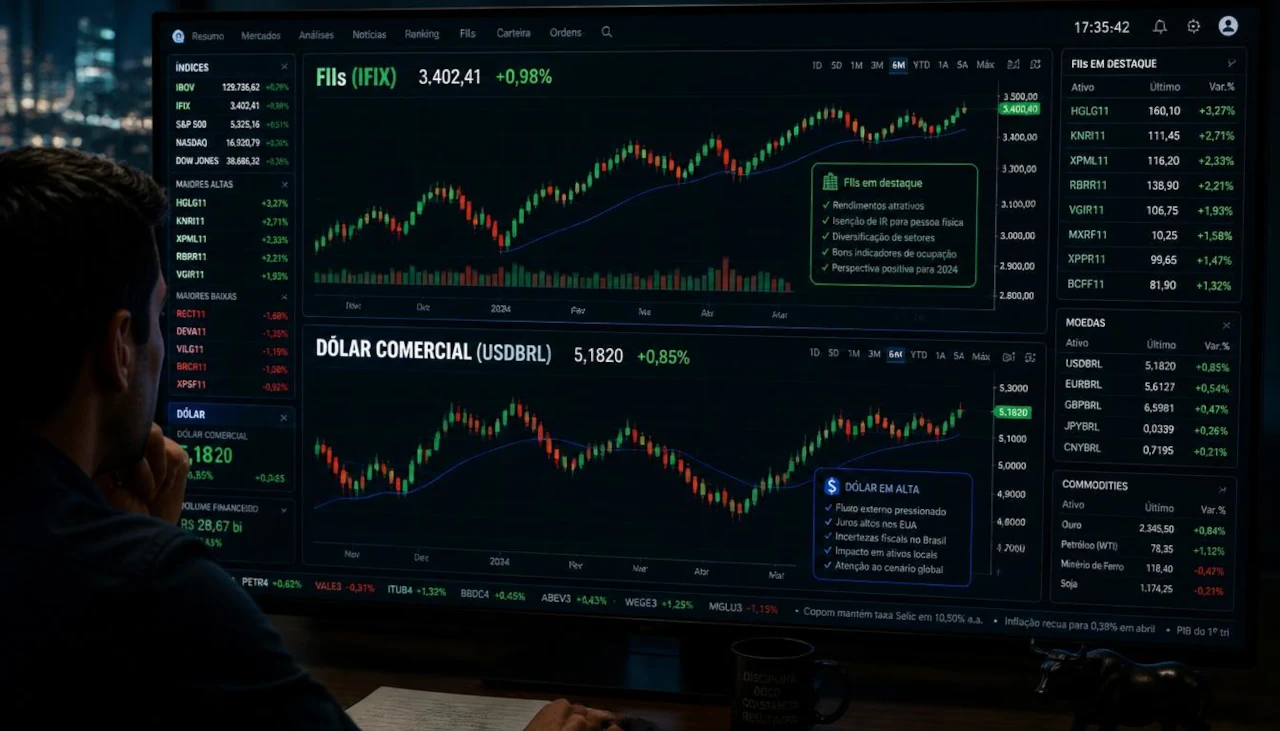 Gráfico financeiro para investimentos como FIIs e dólar