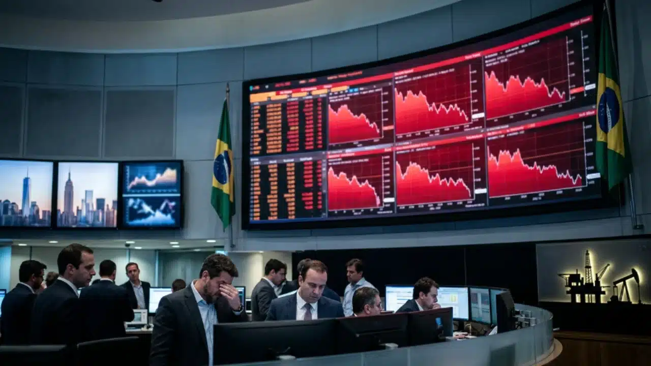 Vista do interior de uma mesa de operações financeiras (trading desk) com analistas e operadores em trajes formais demonstrando preocupação. Ao fundo, destaca-se um grande painel eletrônico curvo exibindo múltiplos gráficos de linhas em queda na cor vermelha, ladeado por bandeiras do Brasil. À esquerda, monitores mostram o skyline dos prédios de Nova York e gráficos auxiliares; à direita, observa-se uma maquete metálica de uma torre de extração de petróleo.