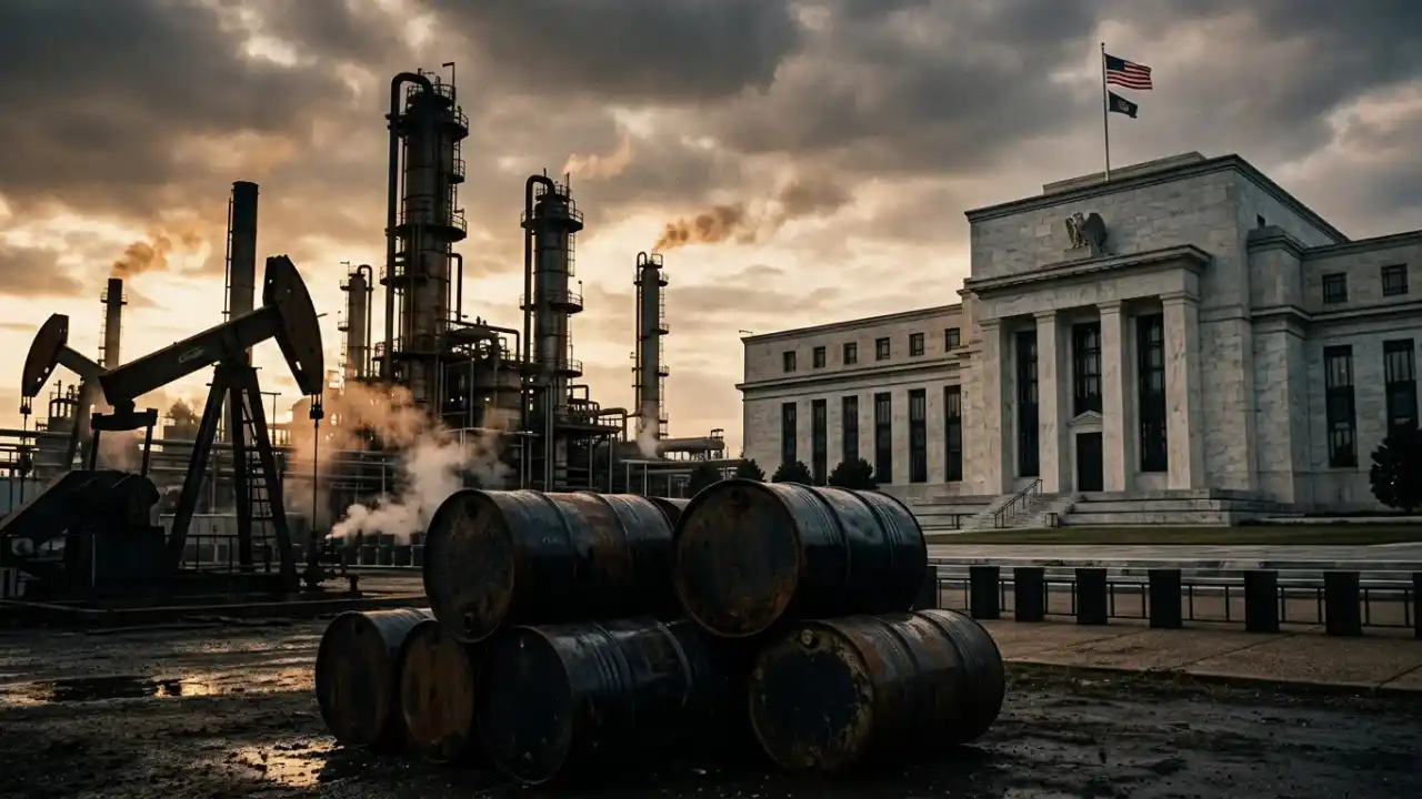Composição conceitual em tom dramático e céu nublado. À esquerda, vê-se uma refinaria de petróleo com torres de destilação, vapor subindo, um cavalo de pau (bomba de extração) e barris de petróleo pretos empilhados em primeiro plano. À direita, ergue-se o edifício neoclássico de pedra do Federal Reserve em Washington, com a bandeira dos Estados Unidos hasteada no topo sob iluminação crepuscular.