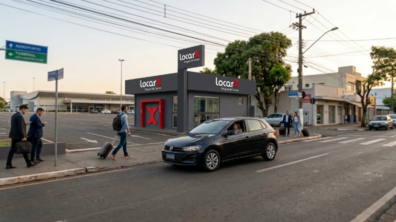 Fotografia em ângulo frontal de uma agência moderna da LocarX Aluguel de Carros localizada ao lado de um terminal de aeroporto regional. A estrutura cinza e vermelha traz o logotipo luminoso "LocarX", enquanto uma placa viária à esquerda indica a direção "AEROPORTO / TERMINAL". Em primeiro plano, um carro Volkswagen Polo preto trafega pela via, e pedestres com malas de rodinhas e trajes executivos caminham em direção à unidade sob luz natural de fim de tarde.