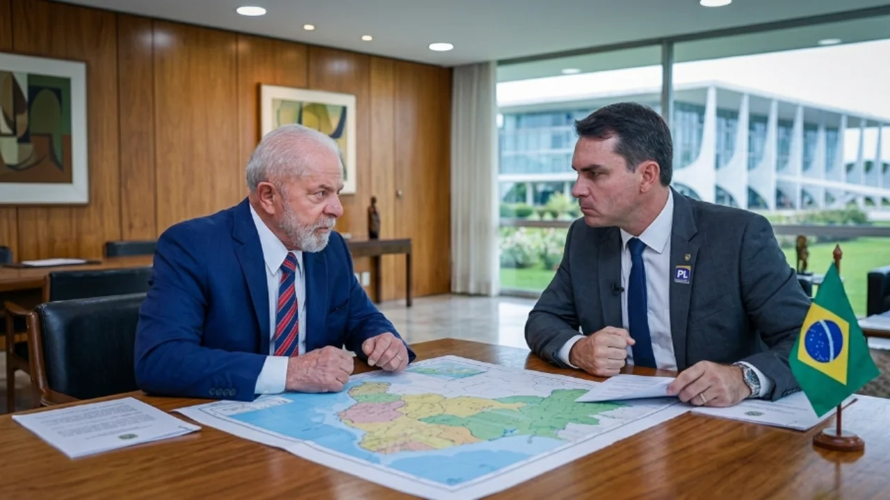Fotografia em plano médio de dois líderes políticos sentados frente a frente em uma longa mesa de reuniões de madeira em um gabinete oficial em Brasília. À esquerda, o presidente Luiz Inácio Lula da Silva, vestindo terno azul-marinho e gravata listrada em azul e vermelho, observa atentamente o seu interlocutor. À direita, o senador Flávio Bolsonaro, de terno cinza-escuro, gravata azul-escura e um pequeno pin institucional do partido PL na lapela, segura papéis e retribui o olhar. Entre eles, sobre a mesa, há um grande mapa colorido do Brasil estendido e, na ponta direita, uma miniatura da bandeira do Brasil em um pedestal de madeira. Ao fundo, através de uma imensa parede de vidro, avista-se o gramado externo e as colunas brancas do Palácio da Alvorada sob a luz do dia.