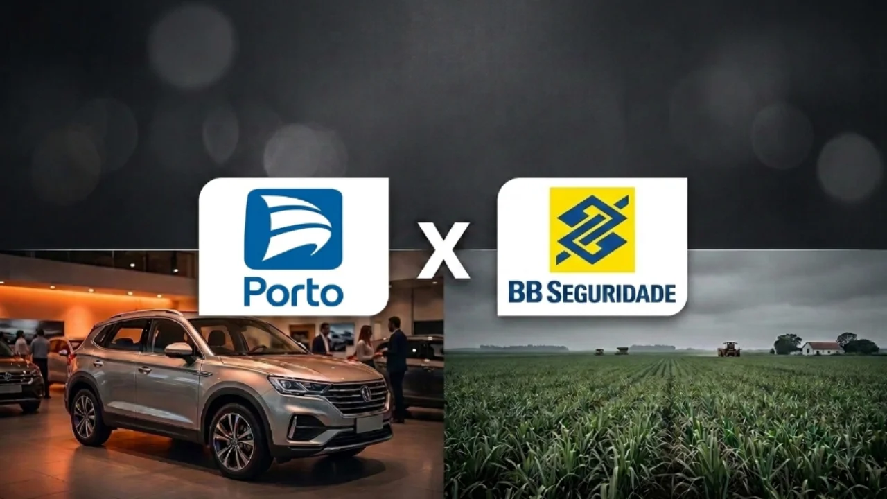 Imagem com divisão de tela comparativa de duas seguradoras brasileiras. Do lado esquerdo, sob o logotipo oficial azul e branco da seguradora Porto, destaca-se o interior iluminado de uma concessionária de veículos com um SUV prata em primeiro plano e pessoas ao fundo. No centro, uma letra "X" branca estilizada divide as duas seções. Do lado direito, sob o logotipo quadrado amarelo com a marca do Banco do Brasil e o texto "BB Seguridade" em azul, exibe-se uma vasta lavoura verde de milho ou soja sob céu cinzento, com uma colheitadeira distante e uma pequena casa de fazenda. A metade superior da composição apresenta um fundo escuro texturizado com círculos desfocados de luz (bokeh).