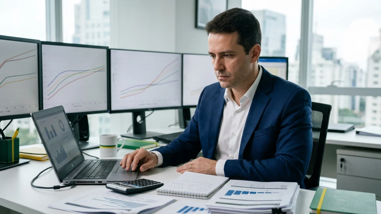 Fotografia em plano médio de um analista financeiro, homem de cabelo castanho curto vestindo terno azul-escuro sobre camisa social branca. Ele está sentado em sua mesa de escritório, olhando atentamente e digitando em um notebook prata. Em cima da mesa branca de trabalho, encontram-se relatórios financeiros impressos com gráficos de barras azuis, um bloco de notas espiral aberto, uma calculadora financeira e uma caneca de cerâmica branca com frisos verde e amarelo. Ao fundo, quatro grandes monitores pretos exibem gráficos de linhas coloridas que sobem de maneira acentuada da esquerda para a direita, representando o empinamento das curvas de juros futuros. A janela ao fundo revela prédios comerciais sob uma iluminação diurna suave.
