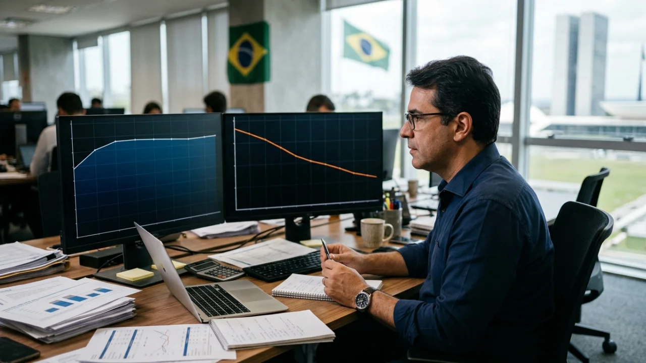 Fotografia de um analista de renda fixa de óculos e camisa azul-marinho trabalhando em um escritório corporativo. Ele observa dois monitores em sua mesa de madeira: a tela da esquerda exibe um gráfico de linha azul em patamar elevado, enquanto a tela da direita mostra uma curva descendente em tom laranja. Sobre a mesa, veem-se relatórios impressos, calculadora, caneta e notebook. Ao fundo, através da janela panorâmica, avista-se a arquitetura de Brasília e a bandeira do Brasil hasteada.