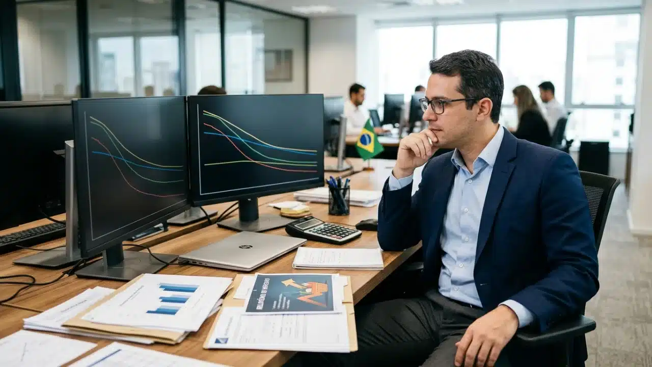 Fotografia em plano médio de um analista financeiro de óculos, camisa social azul e paletó escuro sentado em sua mesa de trabalho. Ele apoia a mão no queixo enquanto analisa dois monitores que exibem gráficos com curvas de juros em tendência descendente. Sobre a mesa de madeira, veem-se um notebook, calculadora, documentos com gráficos sobre inflação e uma pequena bandeira do Brasil ao fundo no ambiente de escritório corporativo.