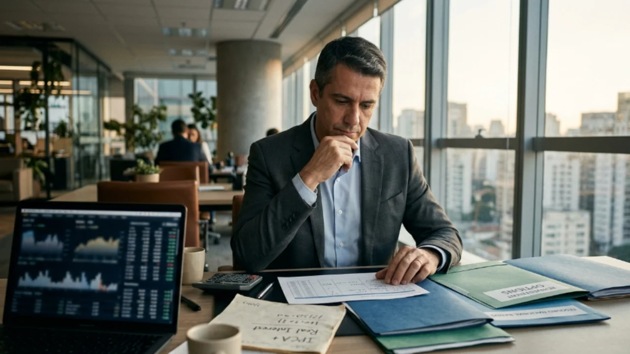 Investidor analisando relatórios de renda fixa e gráficos financeiros no escritório após o vencimento do Tesouro IPCA+ 2026.