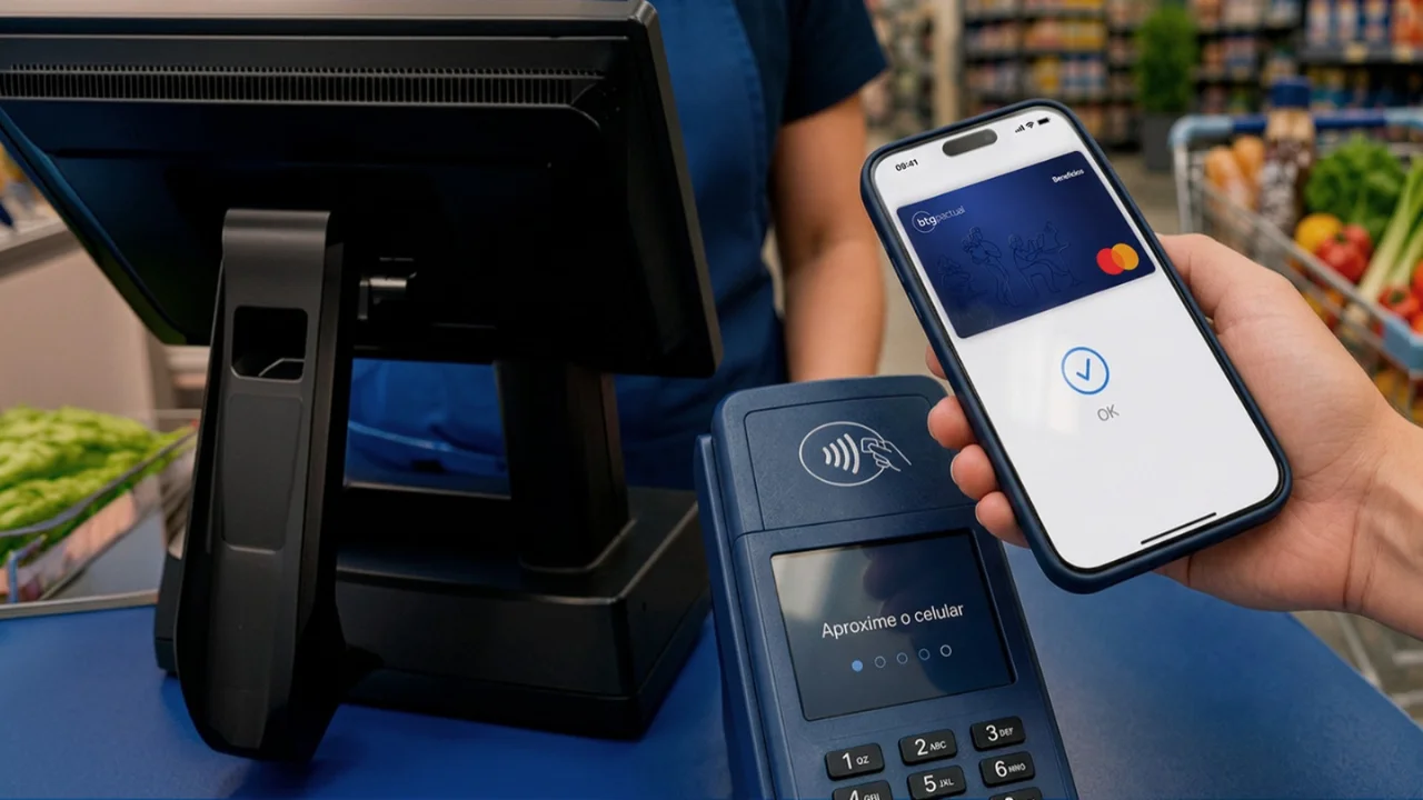 Cartão BTG Benefícios na tela do celular aproximado de maquininha em caixa de supermercado.