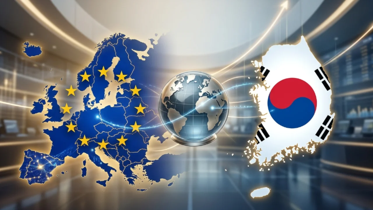 Ilustração 3D com mapa da Europa e da Coreia do Sul integrados a um globo terrestre com gráficos de crescimento.