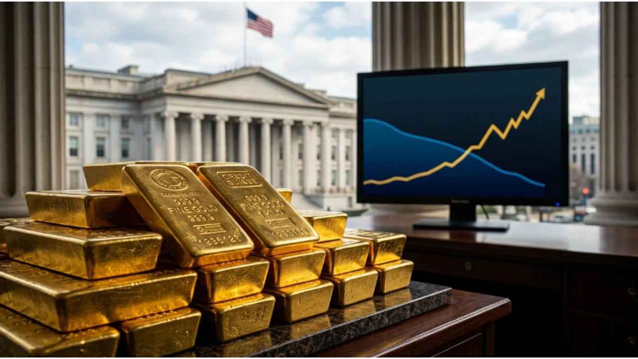 Barras de ouro empilhadas sobre mesa diante de monitor com gráfico de alta e prédio do Tesouro dos EUA ao fundo.