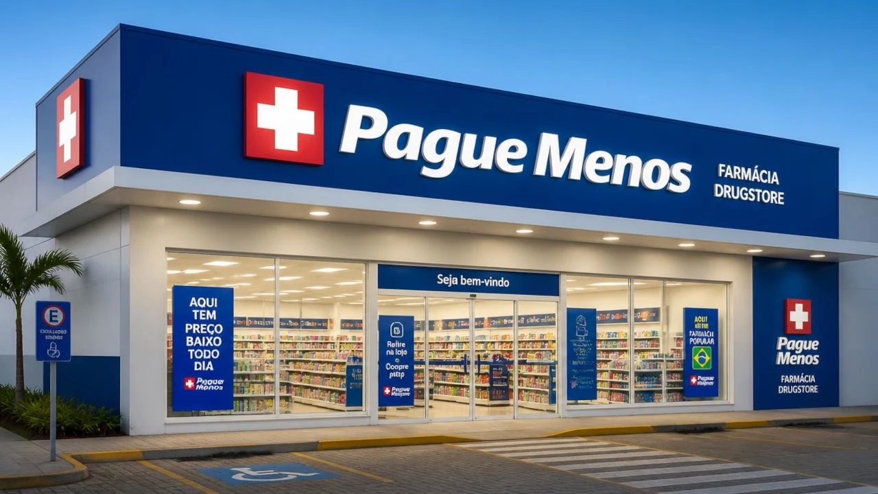 Fachada de farmácia Pague Menos recriada em IA