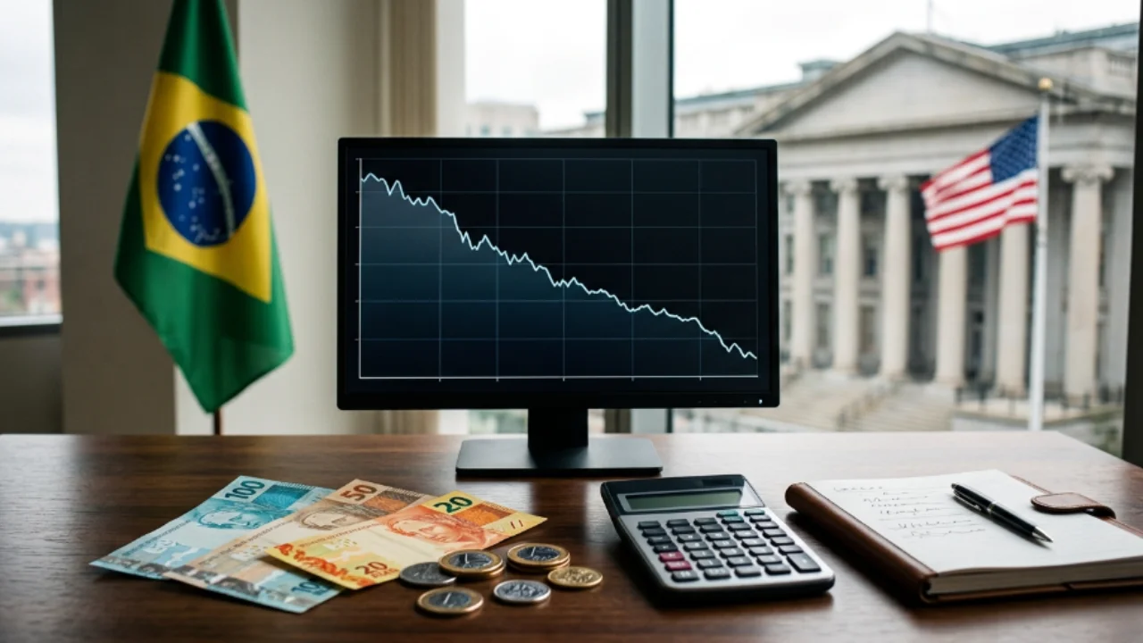 Tesouro Direto hoje tem queda generalizada nas taxas dos títulos com gráfico em queda e cédulas de Real sobre a mesa.