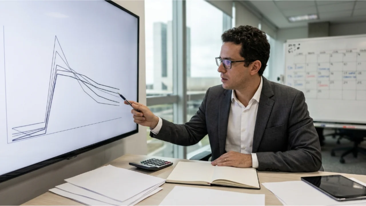 Economista usando óculos e paletó cinza sentado à mesa de trabalho em escritório, apontando com uma caneta para um monitor que apresenta um gráfico com múltiplas curvas de juros em queda e oscilação. Sobre a mesa, veem-se folhas impressas, calculadora, caderno aberto e um tablet.