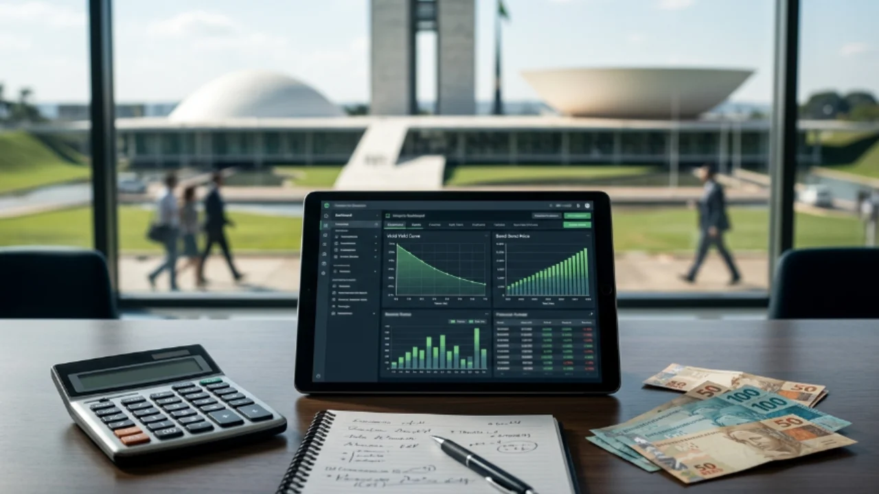 Tablet com gráficos financeiros sobre mesa de escritório com calculadora, cédulas de Real e vista para o Congresso Nacional.