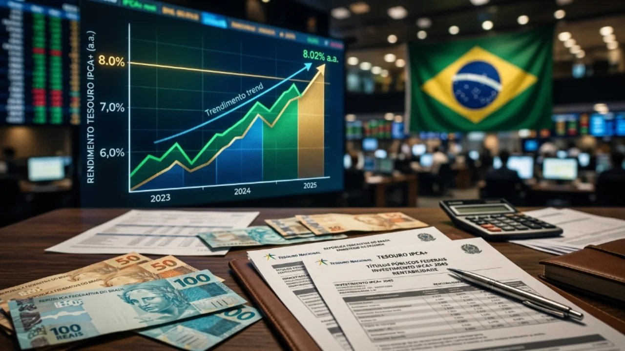 Tela com gráfico da taxa IPCA+ em alta atingindo 8,02% ao ano, cédulas de Real sobre a mesa e bandeira do Brasil ao fundo.