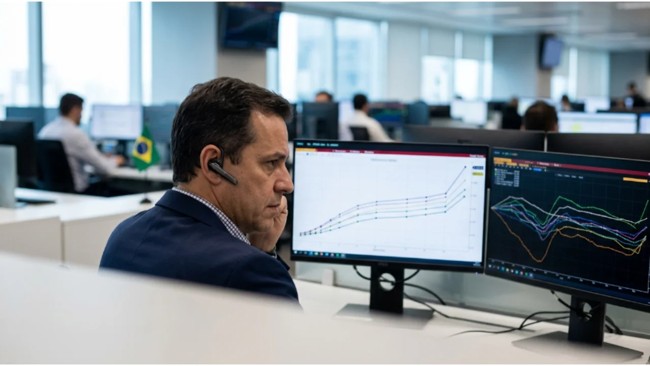 Analista financeiro em escritório observando gráficos de curva de juros em monitores, representando o movimento do Tesouro Direto hoje.